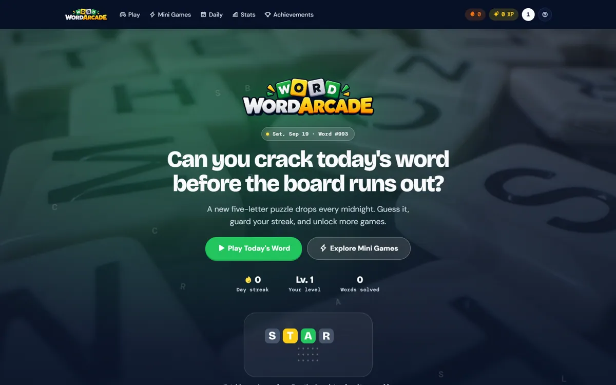 WordArcade landing page with the headline 'Can you crack today's word before the board runs out?' over a green letter-tile background