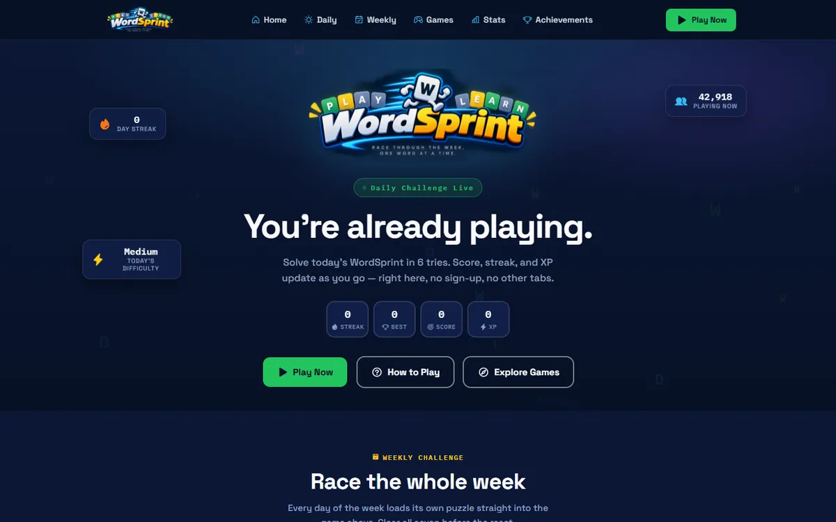 WordSprint landing page with the headline 'You're already playing' and streak, score, and XP counters on a dark blue background